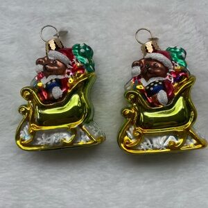 Set 2 Christopher Radko Anniversary Fuzzy Glider‎ Bear Sleigh Christmas Ornament